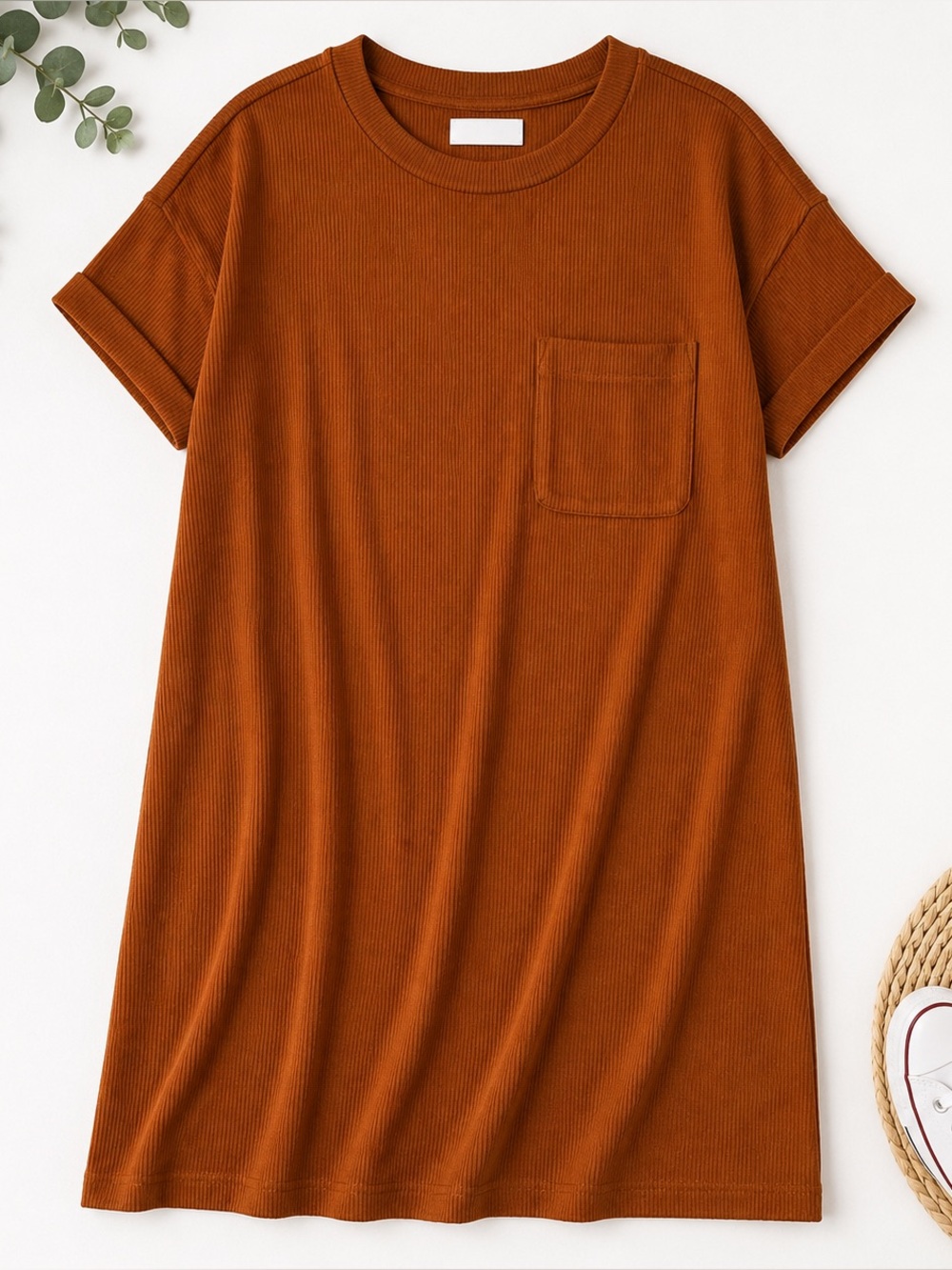 Madewell Ribbed Pocket Tee Dress Medium Rust Brown Short Sleeve Shift Dress